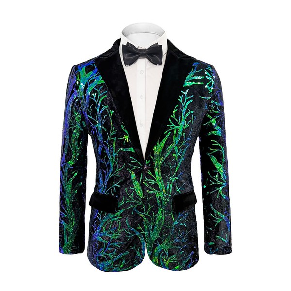 Cacycasa Men’s Sequins Blazer Floral Suit Jacket Lapel Tuxedo for