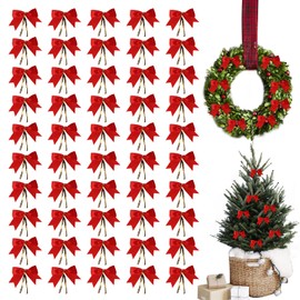 Yisscen Mini Christmas Tree Bow, Pack of 50 Christmas Bows Ornaments, for Christmas, Wedding, Birthday, Christmas Wreath Hanging Decoration (Red, with Iron Core Wire)