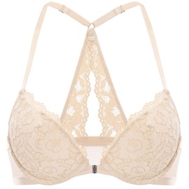 DOBREVA Women's Push Up Bra Racerback Front Closure Bras Lace Padded Underwire Plunge Floral Beige 34B