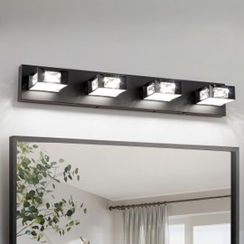 Joossnwell Black Vanity Light for Bathroom (4-Light, 28-Inch) Crystal Bath Light Fixtures 5CCT Dimmable Modern Led Bathroom Light Over Mirror with 350°Rotatable Head