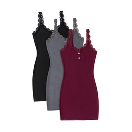 SOLY HUX Women's 3 Packs Nightgowns Soft Sexy Lace Trim Sleep Dress Chemise Pajamas Sleepwear Cami Mini Slip Dresses Red Grey Black L