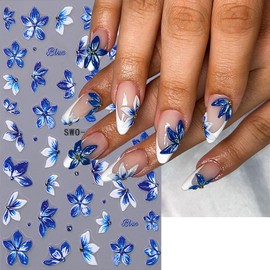 Floral Nail Stickers for Women-Waterproof Press on Nail Art Decals with Blue Lily Flower Relief Designs,Spring and Summer Nail Decals 5D Embossed White Blue Nail Art Stickers 2PCS Beach Vacation Nails