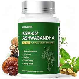 GlowEver KSM-66 Ashwagandha with L-Theanine, Mushrooms, Ginseng & Ginkgo Biloba - Extra Strength Stress Relief, Energy & Brain Health Support - Vegan, Gluten Free, Plant Based - 60 Capsules