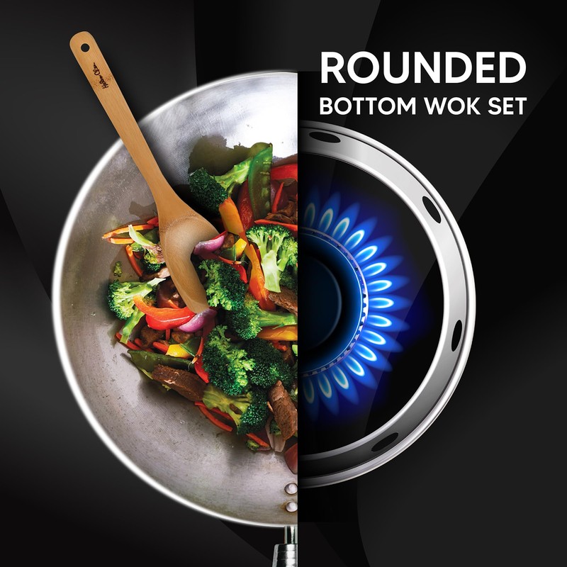 Helen's Asian Kitchen Round Bottom Wok Set, Carbon Steel and