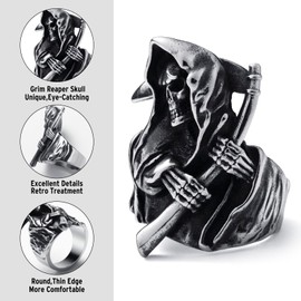 KIRTIJW Skull Rings for Men Stainless Steel Gothic Biker Grim Reaper Skull Ring Jewelry for Men Size 10
