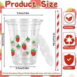 FYSUIMU 50Pcs 12Oz Strawberry Floral Plastic Cups with Lids & Straws Pink Red Strawberry Flower Clear Disposable Cups for Spring Summer Party Supplies