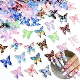 50Pcs Butterfly Nail Charms for Nails Butterfly Nail Rhinestones Spring Summer Butterfly Resin Nail Gem Jewelry 3D Mixed Colorful Butterfly Nail Art Supplies for Women Girls Manicure Decoration