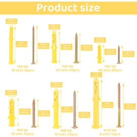 220 Pcs Screws and Wall Plugs Set, 6 Sizes Wall Plug and Screw Set, Wall Fixings Screws Plugs and Screws, Self Tapping Screws and Wall Plugs for Brick Concrete Drywall