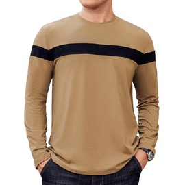 Hardaddy Men's Long Sleeve Tee Shirts Color Block Tee Pullover Casual Basic Shirts Khaki XL