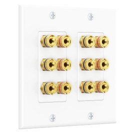 Cable Matters Double Gang Speaker Wire Wall Plate, Gold Plated Speaker Wall Plate with Banana Plug Binding Post for 6 Speakers, White