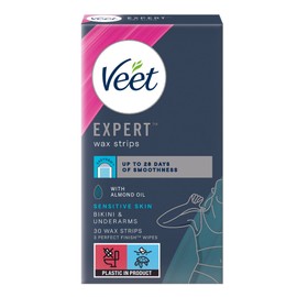 Veet Expert - Strisce di cera per depilazione per ascelle e bikini da donna, adatte per pelli sensibili, 30 strisce con salviettine per finitura olio di argan naturale