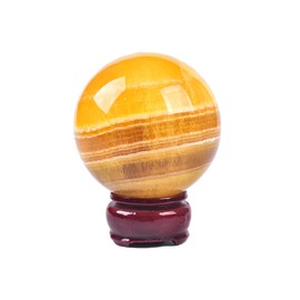 JIC Gem Natural Yellow Fluorite Crystal Sphere with Wooden Stand,Decorative Crystal Ball Yellow Gemstone Sphere for Meditation,Feng Shui,Witch-Style Decor,Table 70-80mm