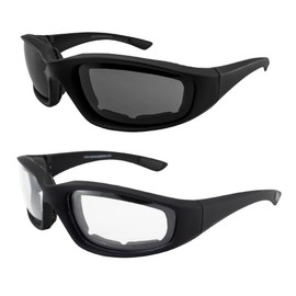 2 Pairs Maxx SS1 Sport Motorcycle Foam Padded Sunglasses Black Frame with Clear and Smoke Lens