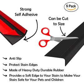 Rubber Bond Stair Edge Protector (Pack of 5) 36x2x1 inch Anti-Slip Stair Corner Trim Rubber Strips - Waterproof Self-Adhesive Staircases for Outdoor & Indoor Uses | Protect Kids & Pets - Black