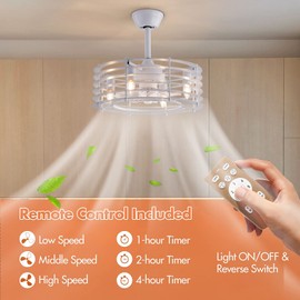 TFCFL 18in Caged Ceiling Fans with Lights and Remote Control, Dimmable Farmhouse Ceiling Fan with Light, Modern Industrial Bedroom Ceiling Fan, 6-Speed Reversible Noiseless Motor (White)
