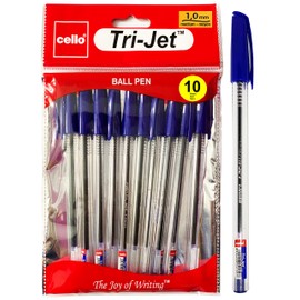 Cello Tri-Jet Ballpoint Pens Extra Grip Medium Point Biros (1.0 mm) - Blue Pens, Pack Of 10