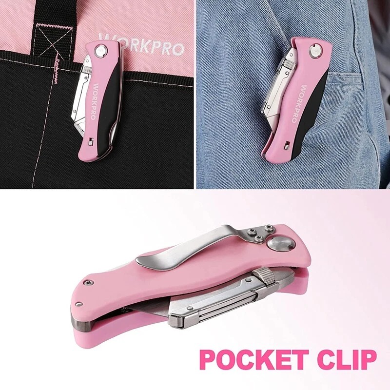 WORKPRO Folding Utility Knife Quick Change Box Cutter Pink Razor