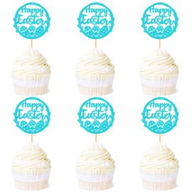 Ercadio 24 Pack Happy Easter Cupcake Toppers Blue Glitter Happy Easter Bunny Eggs Cupcake Picks Easter Rabbit Cupcake Toppers for Easter Day Theme Baby Shower Birthday Party Decor Supplies