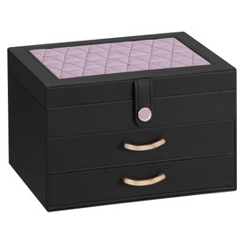 Enthralite Black Jewelry Box Organizer: Home Decor for Women - 2-Drawer Holder for Valentine’s Day Birthday Christmas Black Grey-Purple
