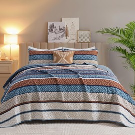 Yiran Blue Brown Quilt King Size Lightweight Rhombus Grid Quilt Set for All Seasons Soft Microfiber Boho Farmhouse Bedding Bedspread Coverlet Set 3 Pieces(1 Quilt and 2 Pillow Shams)