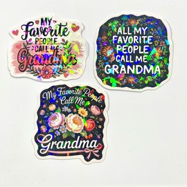 (3 Pcs) My Favorite People Call Me Grandma Holographic Stickers, Family Grandparents Home Flowers Holographic Decals Waterproof Vinyl Sticker for Laptop, Water Bottle, Car, Hard Hat 3 Inches