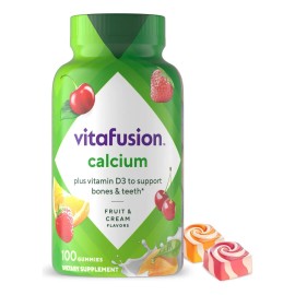 VitaFusion Calcio Gomitas sabor Fruta con Crema 500mg Calcio y 1000IU D3 en cada 2 Gomitas, Sin Gluten, Sin Jarabe de Maíz de Alta Fructosa, Apoyo Óseo Diario, 100 Gomitas, 50 Porciones