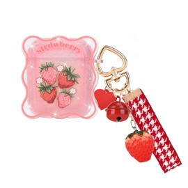 DiyGody for AirPods 1/2 Case Glitter Clear with Love Bell Keychain, Cute Strawberry Flowers Design Wave Edge Soft TPU Protective Shockproof Cover for AirPods 2nd Generation -Pink