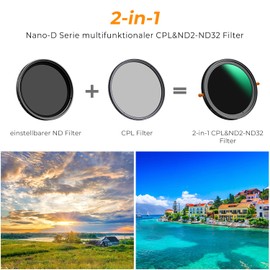 K&F Concept Nano-D Series ND Filter 55 mm CPL&ND2-ND32 2 in 1 Multifunctional Grey Filter and CPL Filter Polarising Filter