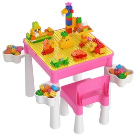 burgkidz Pink Kids 5-in-1 Flip Top Activity Table and Chair Set with Storage, 128 PCs Building Blocks, Dreamy Play Desk for Toddler Girls Ages 2-8, Gift for Birthday & Christmas
