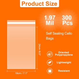 HARFINGTON 300pcs Self Sealing Cello Bags, 7.1x10.6-inch Clear Resealable Self Adhesive Bags for Cookie Bakery Clothes Packaging
