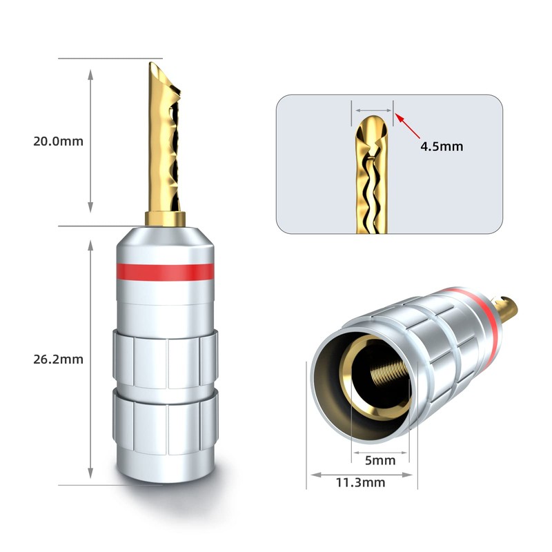 Cleqee 8pcs 24K Gold Plated Banana Plug Screw-in Solderless Terminal