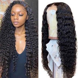 Deep Wave Lace Front Wigs Human Hair 13x4 Curly Wig Human Hair 26 Inch 180% Density Natural Black HD Transparent Lace Front Wigs Human Hair Glueless Pre Plucked Deep Wave Wig for Women
