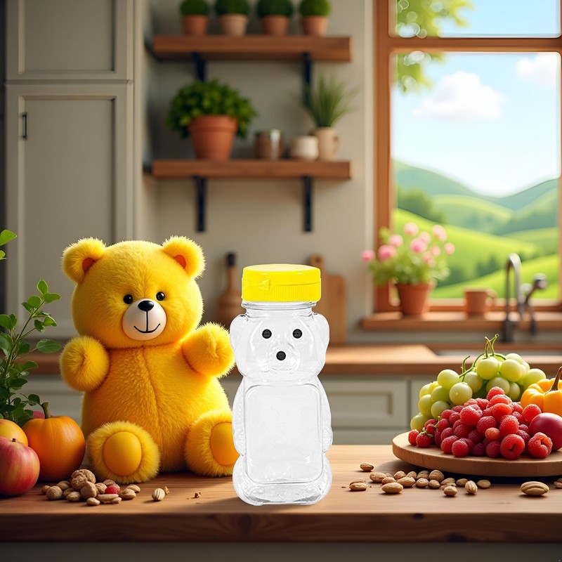 Yellow 8 Oz Plastic Bear Honey Bottle Jars, Empty Honey