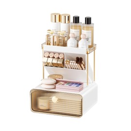YCIA&DONE Makeup Organizer with Drawers, Shelves, Brush Holders, Countertop Organizer for Bathroom, Vanity, Cabinets, Dresser, 9.01 x 8.46 x 10.23 inches (Amber)