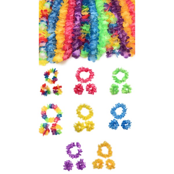 60 Piece Hawaiian Party Leis Includes a Necklace, Headbands and Wristbands,Great For Kids, Adult Party Supplies, Summer Beach Vacation, Theme Party Decorations, Birthday, Wedding, School dances, Hawaiian theme party and many many more | Total of 15 Sets