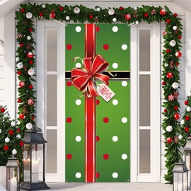 Christmas Door Cover Decoration Merry Box Bowknot Photography Backdrop Outdoor Sign for Home Wall Indoor Outdoor Party （Green）