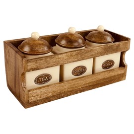 Fyne-Finds Pack of 3 Ceramic Coffee Tea Sugar Jars Cream Airtight Lids Brown Wooden Rack Kitchen Canister Set