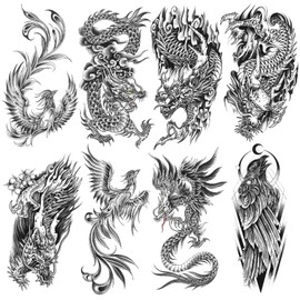 Oottati 8 Sheets Waterproof Arm Temporary Tattoo Stickers Black Flying Dragon Phoenix