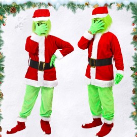 AENEY Green Monster Costume Kids, 6 Pack Santa Claus Suits Christmas Costumes Cosplay Party Carnival Outfits For Boys Girls (L)