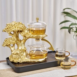Zurucily Glass Teapot Set with Infuser Semi Automatic Tea Set Magic Teapot (Tree - golden)