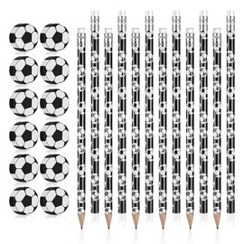 MisFun Pack of 12 Football Pencils, Children's Pencils with 12 Football Erasers, Party Bag Pencil Suit Football Wooden Pencils Graphite Pencils for School Stationery Birthday Office Party (2B)