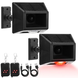 Qualirey 2 Pack Solar Motion Sensor Alarm Outdoor Wireless Security Alert System Freely Rotatable Solar Animal Repeller with Remote Control, 4 Working Modes for Home, Driveway, Farm, Animal Deterrent