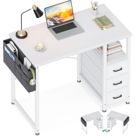 AODK 32-Inch Small Desk with Fabric Drawers, Kids Girls Teen Study Writing Desk for Bedroom, Home Office Computer Desk with Storage Shelf & Bag for Small Space, White