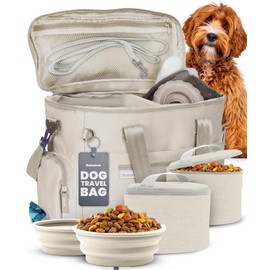The Original Doggy Bag™- Dog Travel Bag for Supplies - Ultimate Gift for Dog Moms & Dads, Doggy Lovers & Pet Owners for Christmas- Includes 2 BPA-Free Travel Bowls and 2 Food Containers: Beige