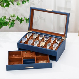 Fienzio 12 Slot Leather Watch Box with Valet Drawer - 12 Slot Luxury Watch Case Display Organizer, Microsuede Liner, Mens Accessories Holder, Jewelry Case, Jewelry Display Organizer (Blue/Brown)