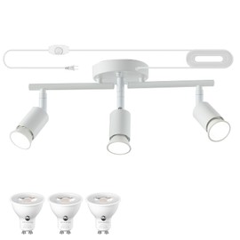 Dimmable 3 Light White Plug in Track Light White Plug in Ceiling Lighting Fixture with 16.4' Long Cord,3 Way Ceiling Spotlight,Rotatable Wall Mount Light Head,LED dimmable Spot Bulbs Included