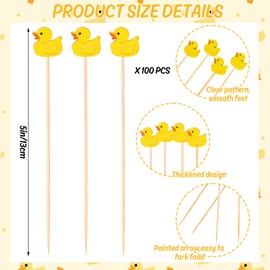 JarThenaAMCS 100Pcs Yellow Duck Cocktail Picks Rubber Duck Handmade Bamboo Toothpicks Garnish Sticks for Neutral Birthday Baby Shower Party Supplies
