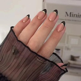 Black French Tip Press on Nails Short Almond Fake Nails French Nails Press ons with Gold Lines Design Reusable Artificial Nail Full Cover Glue on Nail Stick on Nails for Women Manicure 24 Pcs