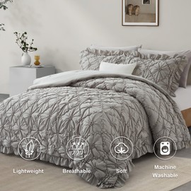 BEDAZZLED Comforter Set Queen Size, 3 Pieces Bed in a Bag Pinch Pleat Exquisite Comforter, Boho Down-Alternative Bedding with Ruffled Shams All Season Available, Grey (90"*88")