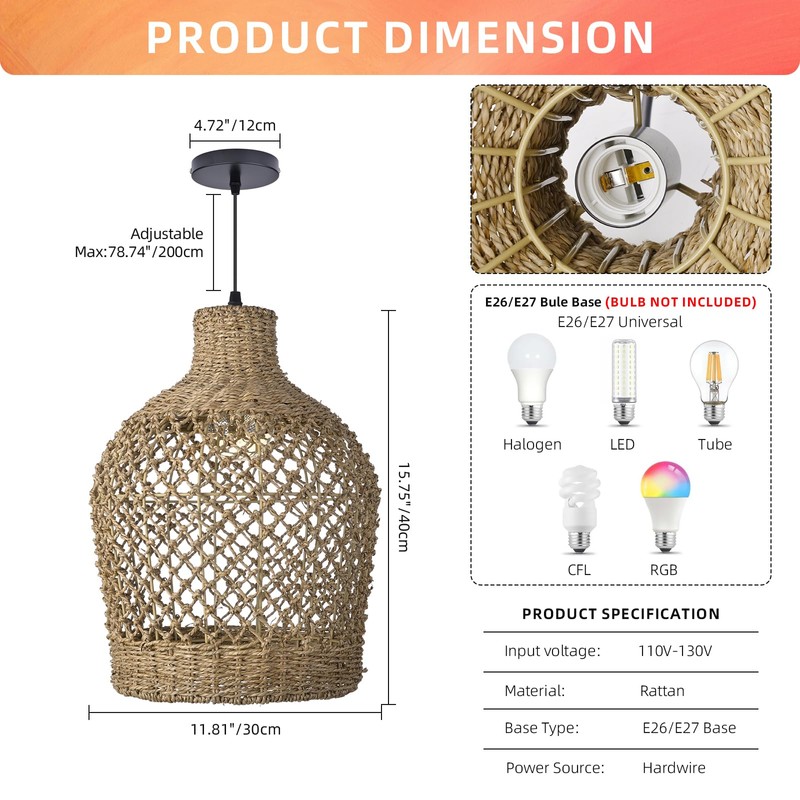 Arturesthome Rattan Pendant Light Woven Chandelier Handwoven Boho Coastal Pendant